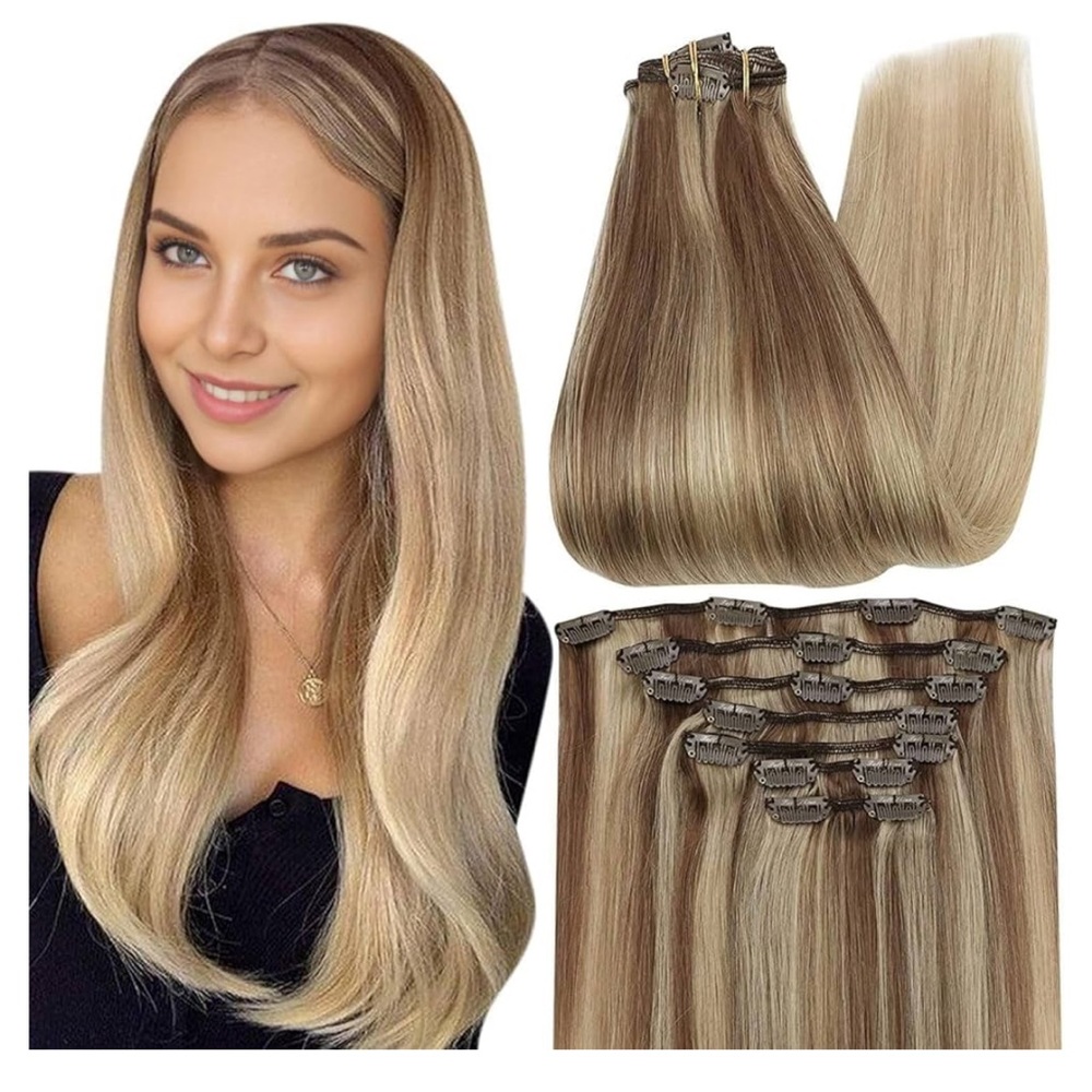 Clip in Human Hair Golden Brown Mix Dirty Blonde Balayage Hair Clip